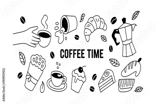 Coffee time illustrations with various treats and drinks