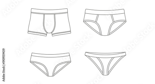 Set of Men's Underwear Line Drawings: Boxer Briefs, Briefs, and Bikini Style
