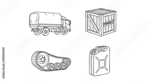 Set of military logistic icons: truck, crate, track, fuel canister, isolated on white