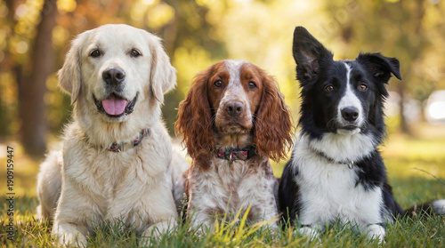 Canvas Print Three diverse dog breeds sitting attentively on lush green grass in a sunlit park