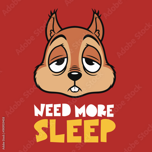 Tired Squirrel Needs More Sleep Funny Cartoon Illustration.