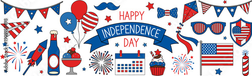 Happy independence day celebration clipart banner with patriotic elements flag fireworks balloons bunting calendar and party decorations