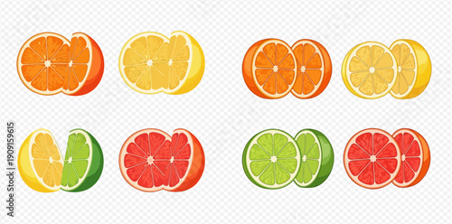 Set of fresh citrus fruit halves including orange, lemon, lime, and grapefruit on transparent background.