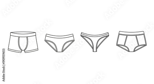 Set of underwear icons: boxer briefs, briefs, thong, and hipster panties, isolated on white.