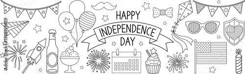 Happy independence day outline coloring page banner with patriotic elements flag fireworks balloons bunting and decorations