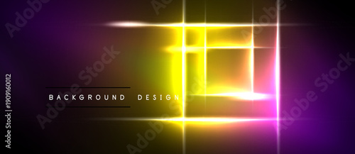 Vibrant neon rectangles overlap, creating dynamic light effects. Purple, yellow, pink gradients dominate dark background. Modern design element.