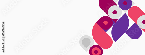 Abstract shapes, circles, overlapping elements. Pink, purple hues dominate white background. Minimalist design, modern aesthetic.