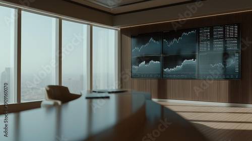 A cinematic representation of modern finance unfolds with interactive visual panels illustrating corporate earnings performance, market volatility patterns, algorithmic trading signals, and