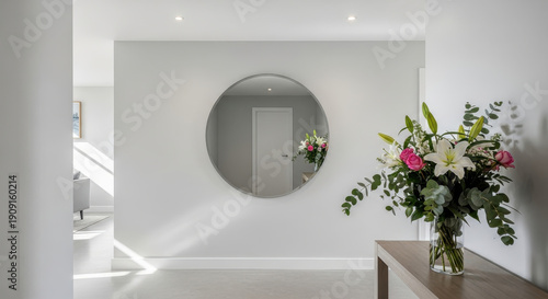 Minimalist hallway with large round mirror and floral decor.