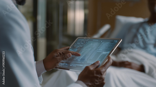 The interactive hologram suggests precise hospital diagnostics where doctors translate data into meaningful patient care. cinematic color correction, natural uneven lighting yet gentle backlight,