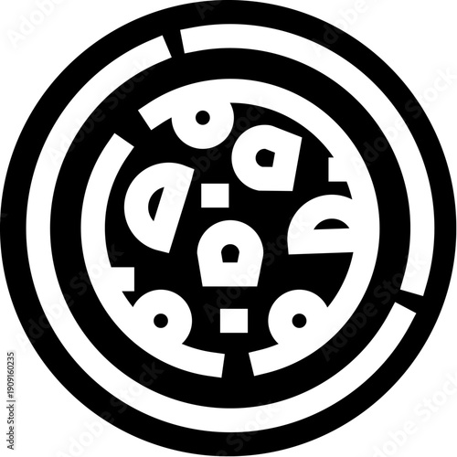 Pizza icon with bold black and white outline showing prominent crust and assorted toppings in a simple, minimalist vector style ideal for web, app and menu interface use