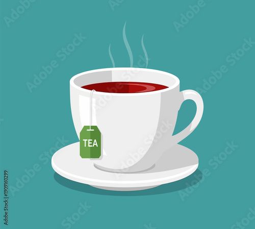 A steaming cup of red tea sits on a white saucer featuring a green tea bag label