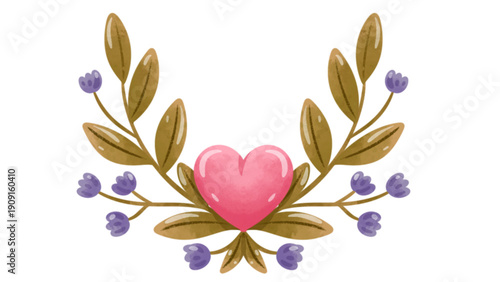 Pink Floral Heart Watercolor Wreath Love Wedding Valentine Art.Heart Flower Wreath Botanical Love Symbol Wedding Romance Design.Watercolor Pink Heart Floral Wreath Romantic Wedding Illustration