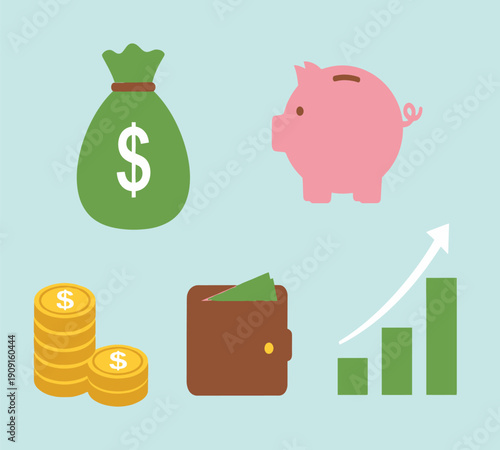 Illustrative depiction of financial elements including a piggy bank money bag coins and growth chart