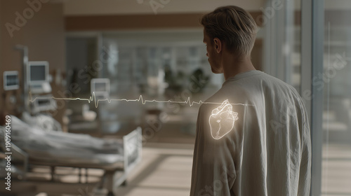 In a high-tech clinical setting, a person visualizes floating health data projections showing heart rate, blood pressure, and recovery indicators while standing near hospital equipment associated