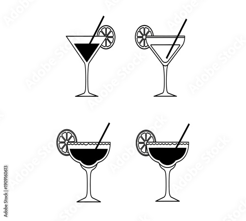 A set of four black and white line art illustrations depicting various cocktail glasses with citrus garnishes