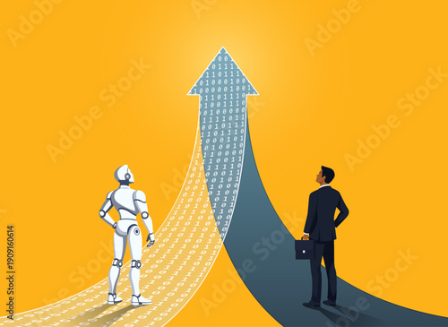 Businessman and a robot stand on arrows leading upward to a goal. Concept of collaborative, productive work and goal achievement between humans and artificial intelligence. Vector illustration.