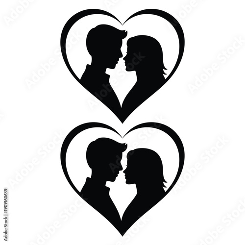 Silhouettes of couples within heart shapes representing love and romance