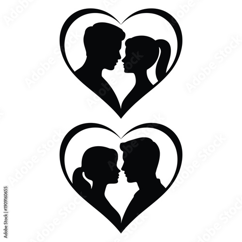 Silhouettes of couples within heart shapes representing love and romance