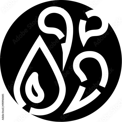 Abstract teardrop morphing into three swirling arrows inside a circular frame, minimalist black and white logo symbolizing motion, transformation, progress and cyclical process