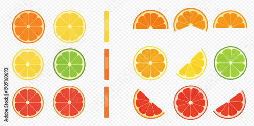 Set of fresh citrus fruit slices and halves including orange, lemon, lime, and grapefruit.