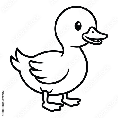Simple black and white illustration of a cartoon duck facing right