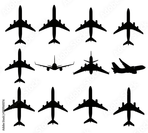 A collection of black silhouettes depicts various types of airplanes arranged in a grid pattern