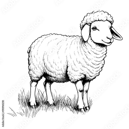 A sheep with fluffy fur and ears, simple linear drawing, sketch. Vector illustration. Farm pet, isolated on a white background. Grass and bushes