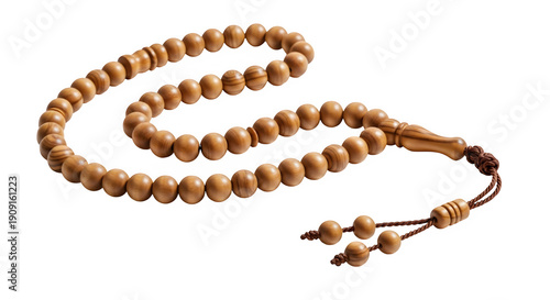 Wooden islamic prayer beads tasbih or misbaha with tassel, isolated on transparent background