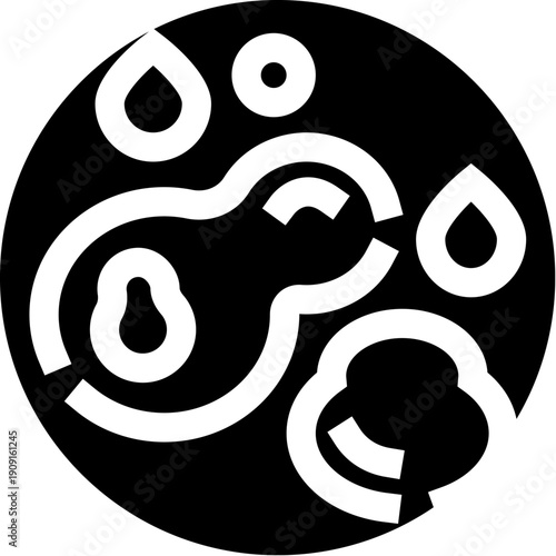 Abstract illustration showing microscopic cells, bacteria, or amoebas multiplying and splitting, creating new organic shapes and water drops within a dark circular field