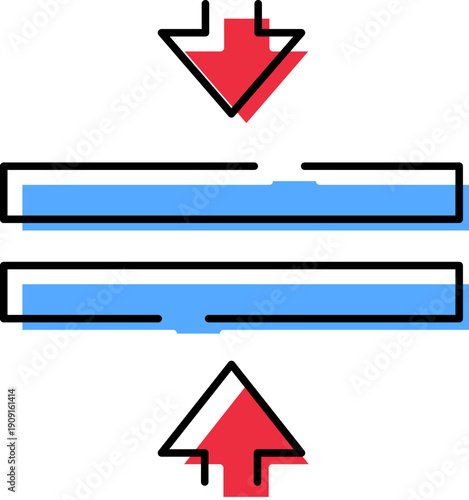 Graphic icon illustrating the concept of compression with two red arrows pushing together a central blue element, symbolizing reduction, downsizing, or compacting information and files