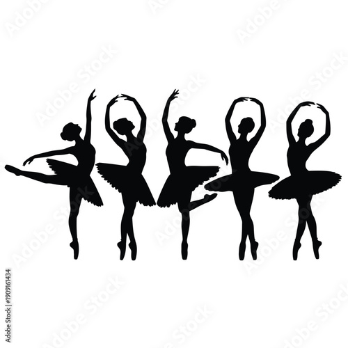 Silhouettes of five ballet dancers posing in graceful artistic formations