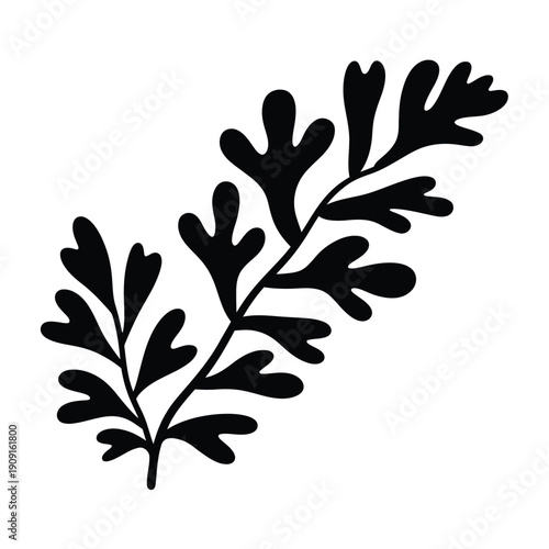 A simple black silhouette of a leafy botanical branch illustration