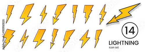 Dynamic lightning bolt icon set in vibrant yellow. Vector energy symbols perfect for logos, tattoos, or electric power designs. Thunder flash pictograms with striking graphic impact.