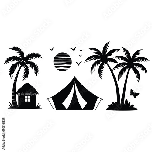 Tropical scene featuring a tent hut palm trees and a full moon