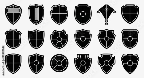 Collection of Black Shield Icons and Symbols on White Background