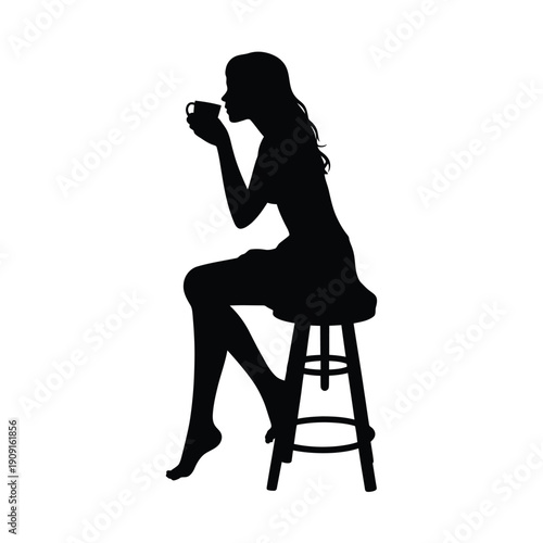 Silhouette of a woman enjoying a warm beverage while seated on a stool