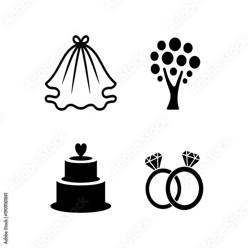 Wedding icons including dress tree cake and rings