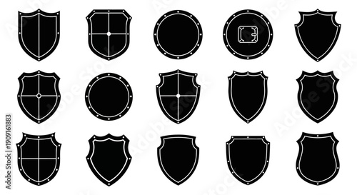 Collection of Black Shield Icons, Security and Protection Symbols, Vector Graphics