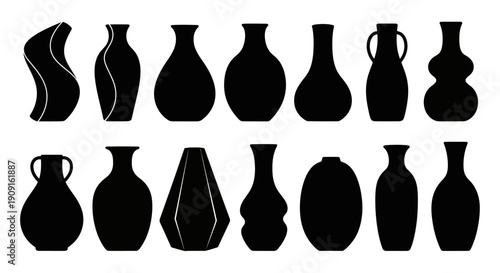 Collection of Black Silhouettes of Various Ceramic Vases and Pottery