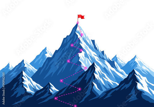 Majestic mountain peak with red flag and pathway to success