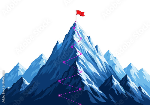 Majestic mountain peak with red flag and strategic route to success