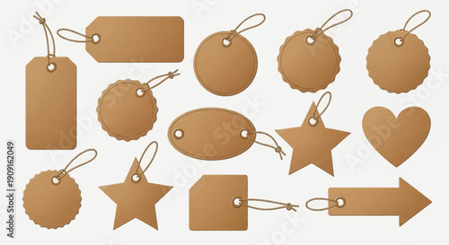 Collection of Blank Brown Kraft Paper Tags in Various Shapes for Sale or Gift