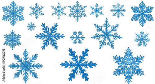 Collection of Blue Snowflakes Isolated on White Background, Winter Holiday Design Elements