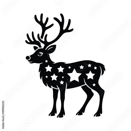 Stylized black silhouette of a deer adorned with stars