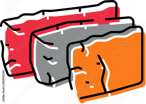 Three colorful cut pieces of pork fat or bacon lard, isolated on white as simple vector illustrations for cooking, food icons, menus, recipes, groceries and butcher visuals