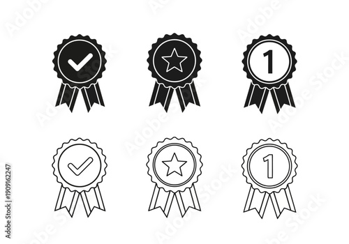 Award ribbons with checkmark, star, and number one symbols for recognition