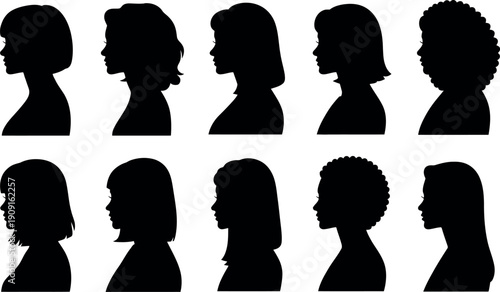 Collection of diverse female head silhouettes showcasing various hairstyles and profiles isolated on white background
