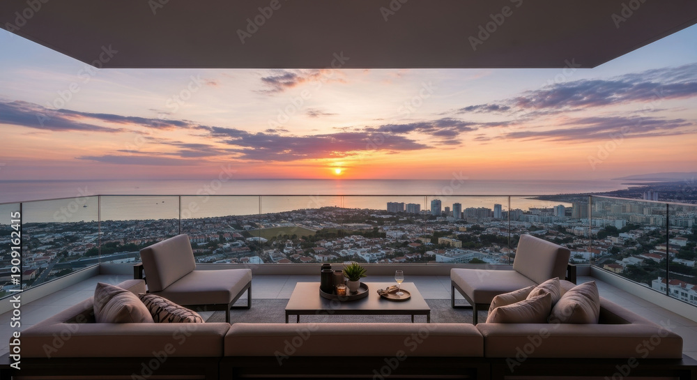 Fototapeta premium Luxurious rooftop terrace with stunning ocean sunset view.