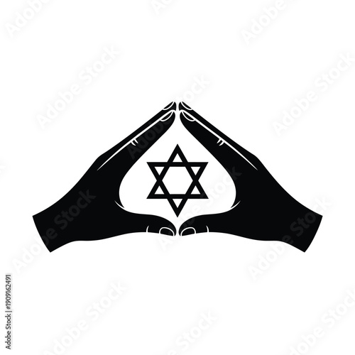 Hands forming a heart shape around a black star of david symbol